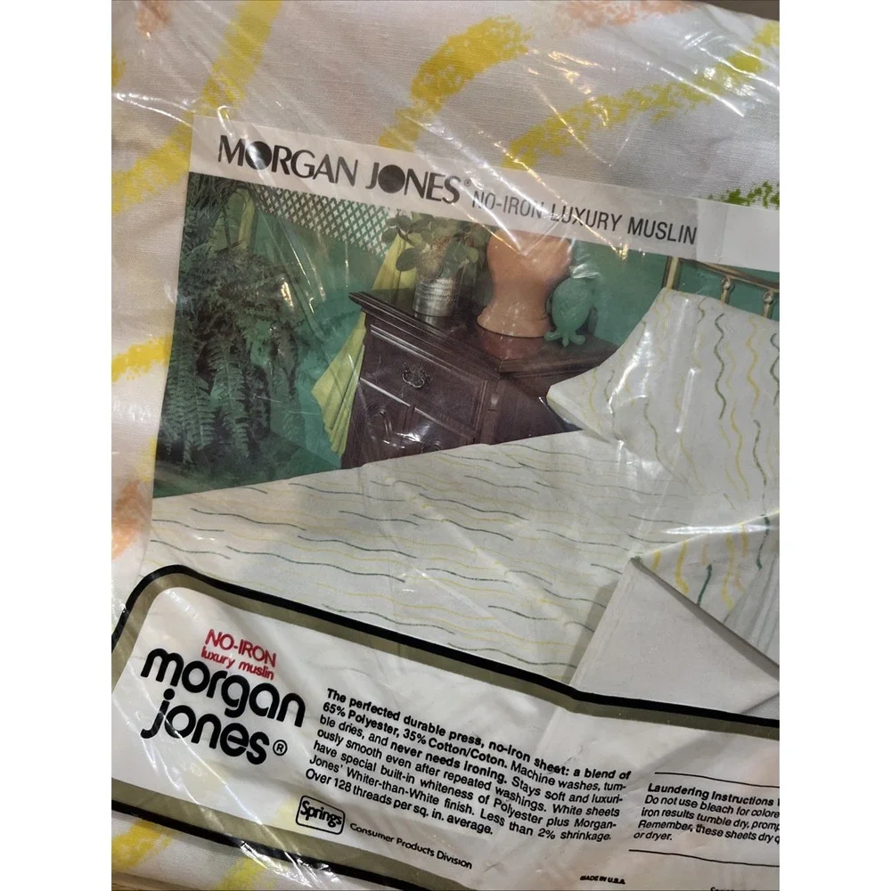 Vtg Morgan Jones Retro Sheets Twin‎ Fitted Flat Squiggle Lines Yellow Green 60s